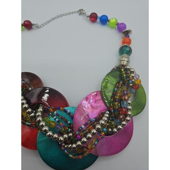 Chunky Disc Circle Hoop Shell Necklace Bib Twist Bead Circle Mother of Pearl 16" - Picture 3 of 10